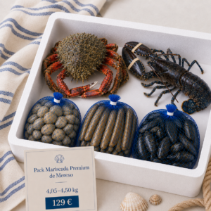 Pack Mariscada Premium de Merexo con bogavante, centolla atlántica, almeja de la ría de Arousa, longueirón de A Costa da Morte y mejillón gallego en caja de porexpán.